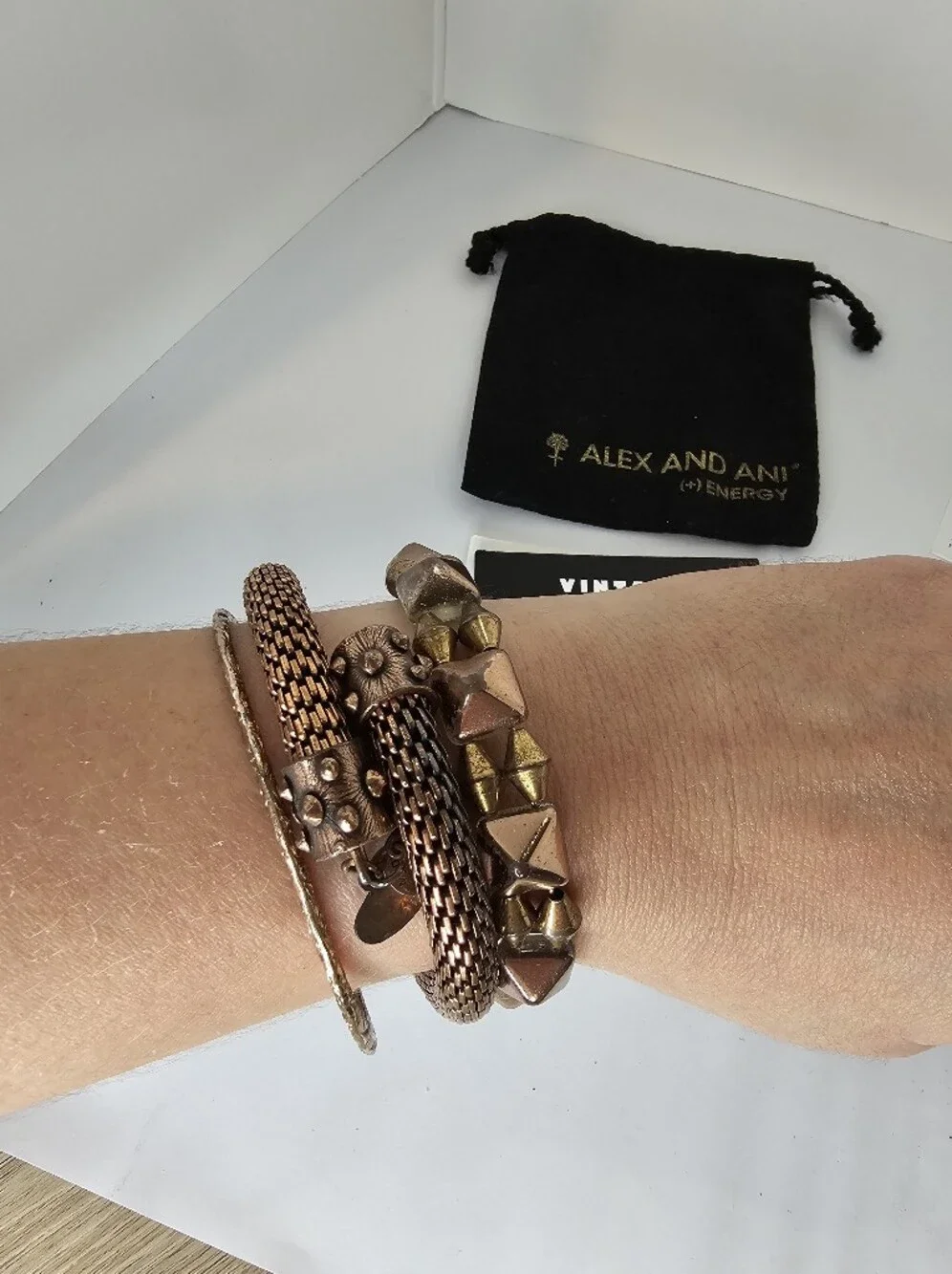 Auth Alex and Ani Rose Gold Tone Set Of 3 Bangle Bracelets Vintage Collection